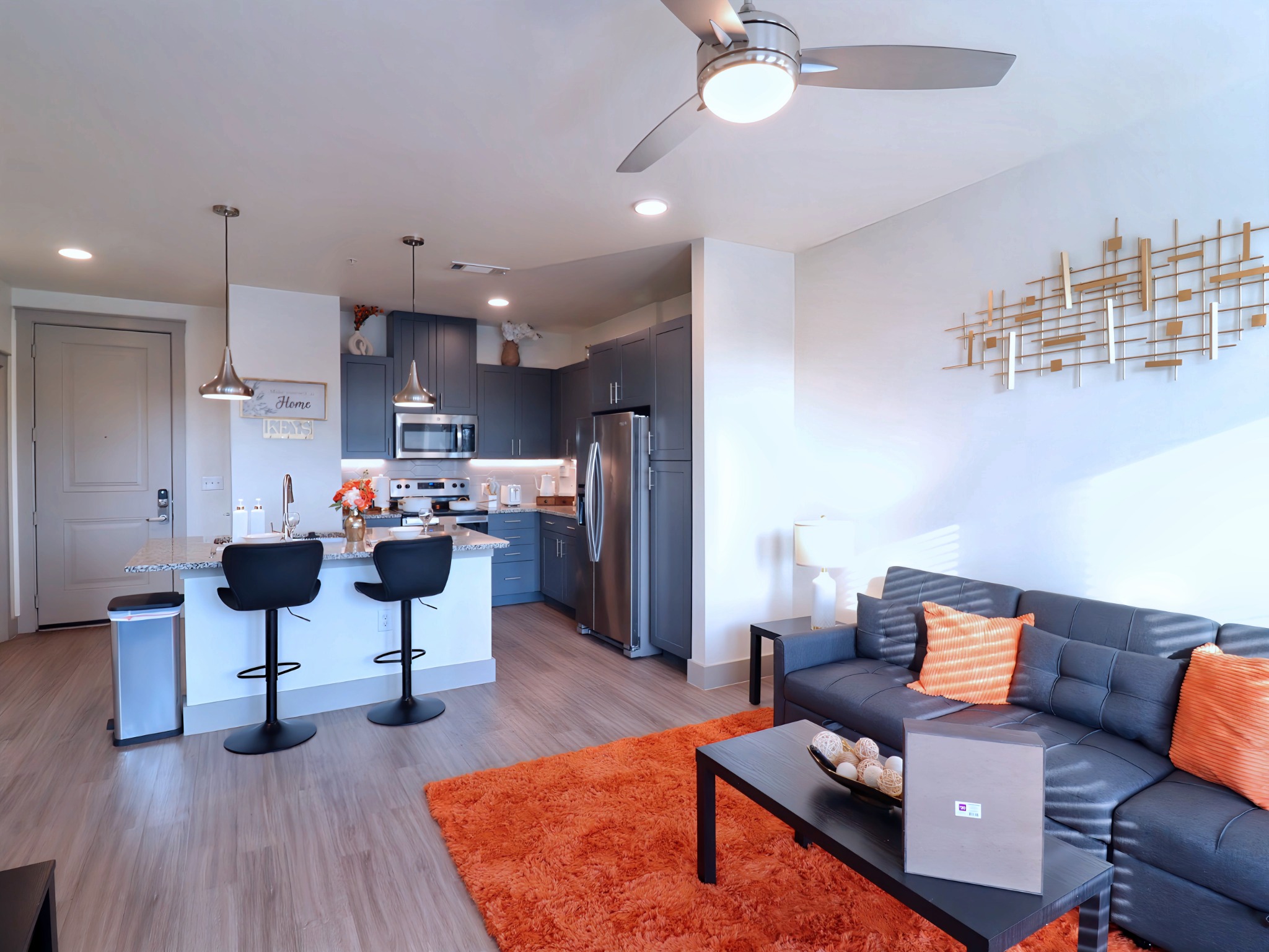 Bright living room and kitchen at the Addison stay